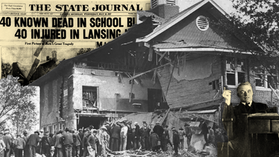 Damaged Bath School building with a crowd in front. Newspaper headline reads: "40 Known Dead in School Blast." Monochrome image, somber mood.