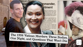 Collage featuring smiling individuals, a Swiss Guard, and a newspaper headline about the 1998 Vatican murders. Urban background.