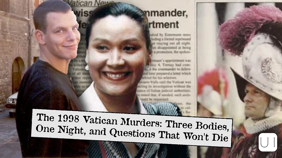 Collage featuring smiling individuals, a Swiss Guard, and a newspaper headline about the 1998 Vatican murders. Urban background.