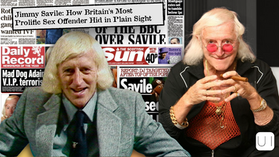 Collage of Jimmy Savile in suit and red glasses, smoking, over newspaper headlines about his sex abuse scandal.