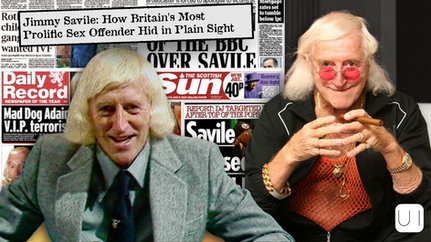 Collage of Jimmy Savile in suit and red glasses, smoking, over newspaper headlines about his sex abuse scandal.