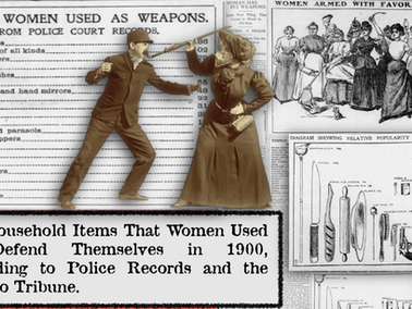 Vintage newspaper illustration of women holding various weapons like brooms and rolling pins. Black and white text details weapon use.