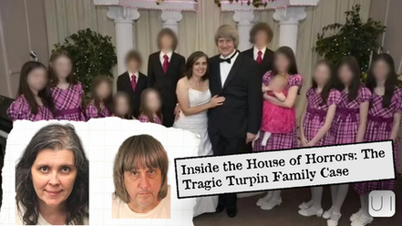 A group photo of a couple and several children in formal attire. Text reads "Inside the House of Horrors: The Tragic Turpin Family Case."