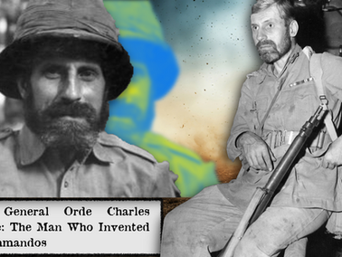 Two soldiers in military attire, one seated with a rifle. Text: "Major General Orde Charles Wingate: The Man Who Invented the Commandos." Background is colorful.