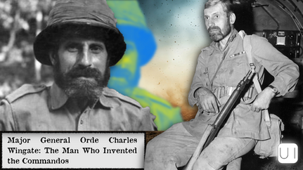 Two soldiers in military attire, one seated with a rifle. Text: "Major General Orde Charles Wingate: The Man Who Invented the Commandos." Background is colorful.