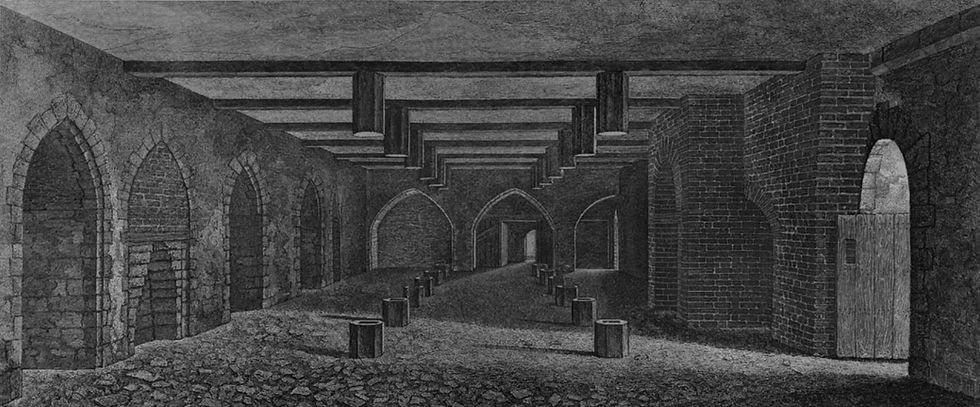 The undercroft beneath the House of Lords, as illustrated in 1799. At about the same time it was described as 77 feet long, 24 feet and 4 inches wide, and 10 feet high