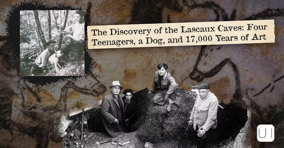 Collage of Lascaux cave discovery: four people and a dog around a cave, with title text about 17,000 years of art.