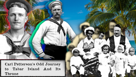 amily portrait of a sailor with a family of seven beside a tropical beach. The mood is calm, with palm trees and blue ocean in the background.