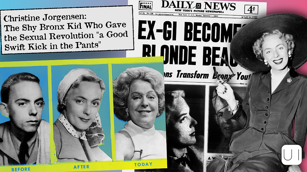 Collage featuring a headline about Christine Jorgensen becoming a "blonde beauty," with before and after photos, and a smiling individual in a hat.