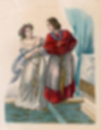 Pope John and a woman in elaborate dresses stand on steps, holding hands. One wears a floral crown, the other a red shawl. Blue drapery in background.