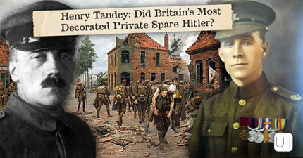 Collage of Henry Tandey with soldiers in a ruined street; headline asks Did Britain's Most Decorated Private Spare Hitler?