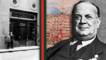 Vintage photo of Guccio Gucci outside an early Gucci store, alongside a portrait of him and a historic illustration of the Savoy Hotel in London, representing his journey from bellhop to founder of the Gucci fashion house.