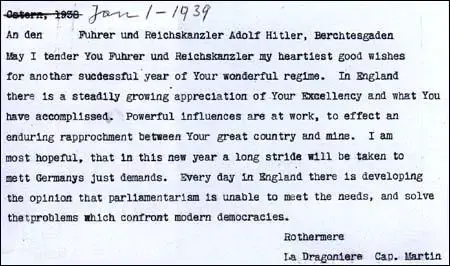 Letter sent by Lord Rothermere to Adolf Hitler (1st January, 1939)