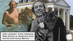 Man with tigers by a grand house and pool. Text reads: "John Aspinall: From Gambling High Society to Dangerous Zoos and the Lord Lucan Mystery."