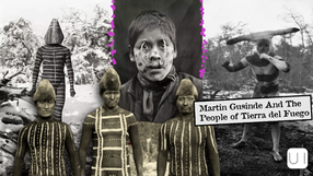 Collage of people in traditional attire with face paint, snowy background. Text reads "Martin Gusinde And The People of Tierra del Fuego."