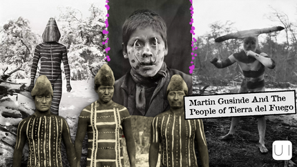 Collage of people in traditional attire with face paint, snowy background. Text reads "Martin Gusinde And The People of Tierra del Fuego."