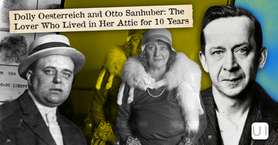 Collage of Dolly Oesterreich and Otto Sanhuber portraits with title text, featuring a fur-stoled woman in center and somber men.
