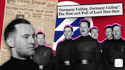 Black-uniformed men stand with serious expressions, overlaying a newspaper titled "British Capture 'Haw Haw'," in front of a red flag.