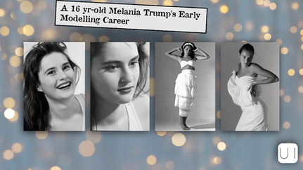 Teen Melania Trump modeling in black-and-white photos. Background with soft bokeh lights. Text: "A 16 yr-old Melania Trump's Early Modelling Career."