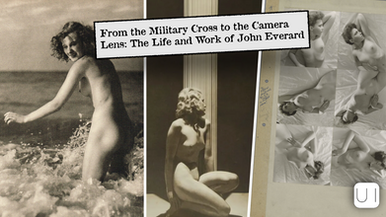 Vintage photos of a woman by the sea, another kneeling, and multiple poses. Text reads "From the Military Cross to the Camera Lens..."