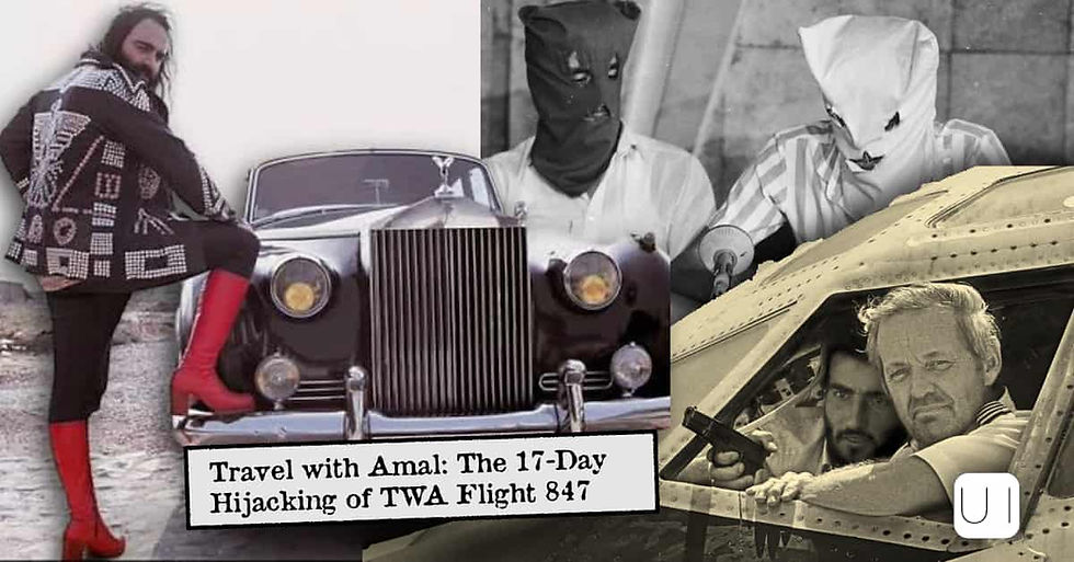 Collage of masked hijackers, vintage cars and a plane; text reads Travel with Amal: The 17-Day Hijacking of TWA Flight 847