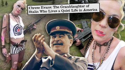 Chrese Evans with shaved head, holding a rifle, wears striped shorts and target tank top in a grassy field. Text: "Chrese Evans: The Granddaughter of Stalin Who Lives a Quiet Life in America."