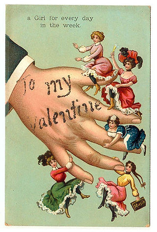 Large hand with 'To My Valentine,' tiny women figures on fingers.