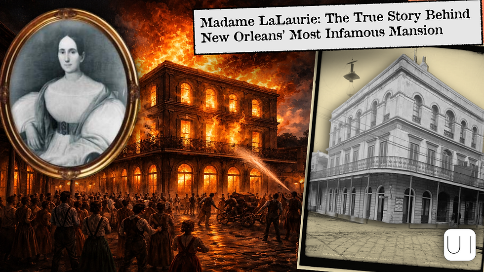 Portrait of a woman, burning mansion with crowd, historical photo on right. Text: "Madame LaLaurie: The True Story Behind New Orleans' Most Infamous Mansion."