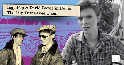 Collage of Iggy Pop and David Bowie in Berlin with title The City That Saved Them; Bowie portrait on right, blue-purple backdrop.
