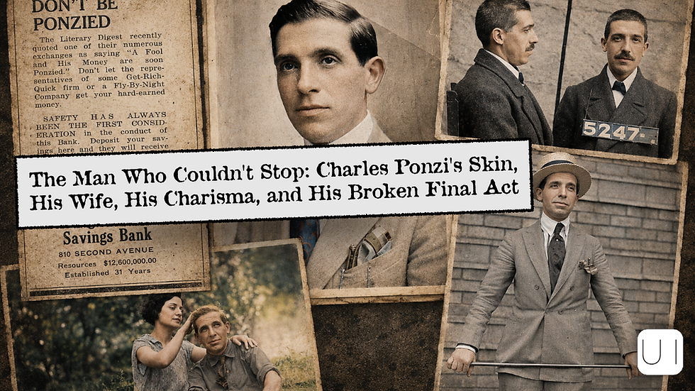 Vintage collage of Charles Ponzi, featuring a mugshot and photos with his wife. Text: The Man Who Couldn't Stop. Retro vibe.