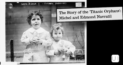 Black-and-white photo of two curly-haired toddlers holding toys, with text about Titanic orphans and Louis & Lola?