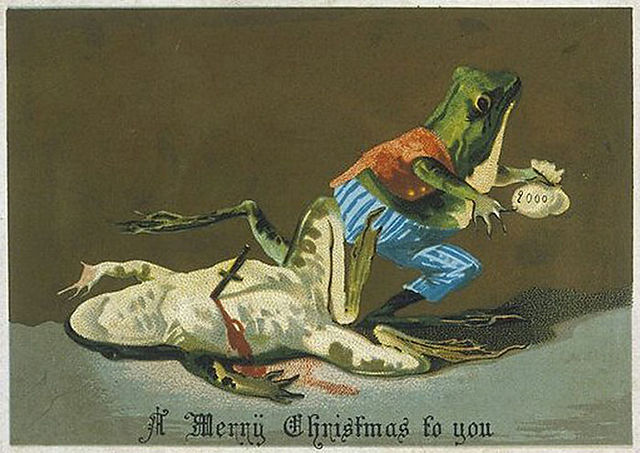 Clothed frog over dead frog with text: A Merry Christmas to you.