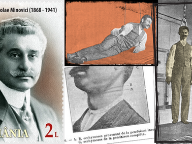 Portrait of Prof. Dr. Nicolae Minovici on a stamp, vintage images of a hanging experiment, and a neck close-up. Text in Romanian.