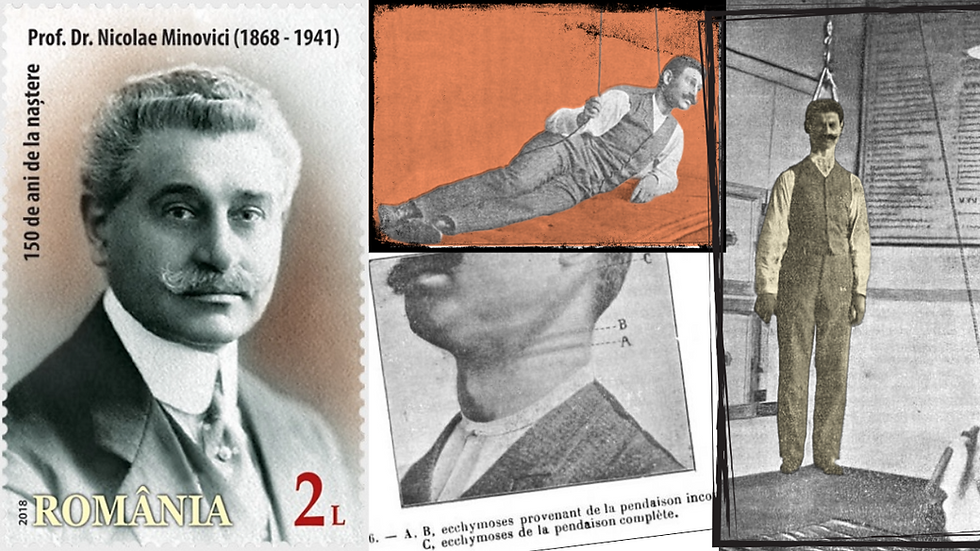 Portrait of Prof. Dr. Nicolae Minovici on a stamp, vintage images of a hanging experiment, and a neck close-up. Text in Romanian.
