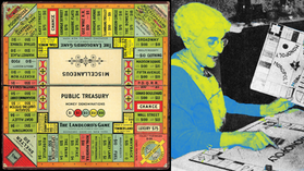 A woman sits at a table with a colorful game board labeled The Landlord's Game. She points at a Monopoly board, appearing focused.