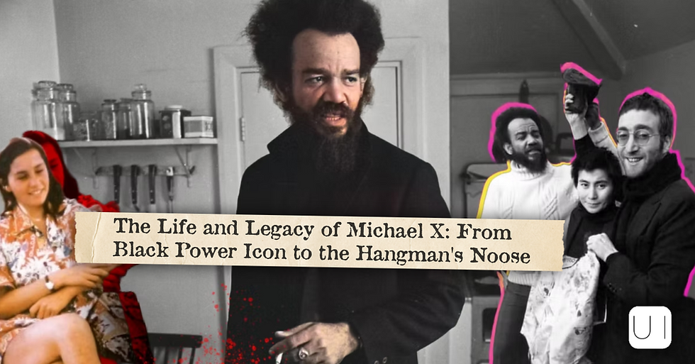 Collage of Michael X and others around a banner reading The Life and Legacy of Michael X: From Black Power Icon to the Hangman's Noose