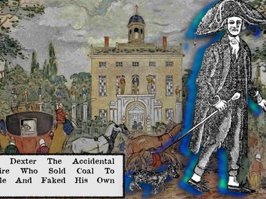 Illustration of a man in period clothing with a cane, overlaying a scene with a carriage, horses, and a building. Text: "Timothy Dexter..."