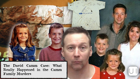 Collage of a family photo, two children, a man in an orange shirt, a stained shirt, and text: "The David Camm Case: What Really Happened in the Camm Family Murders."