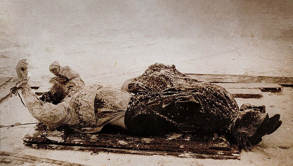 The body of Rasputin after being pulled out of the river