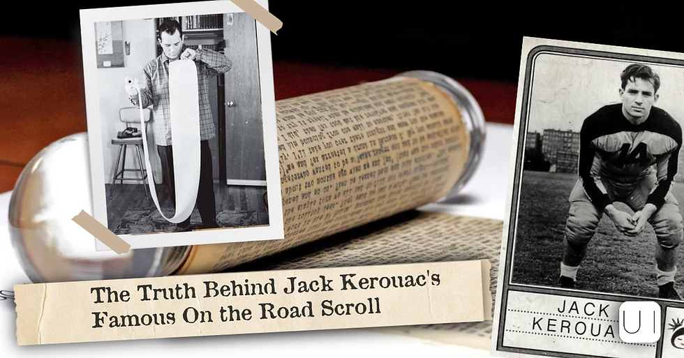 Collage of Jack Kerouac photos and a typed scroll with headline about his famous On the Road scroll