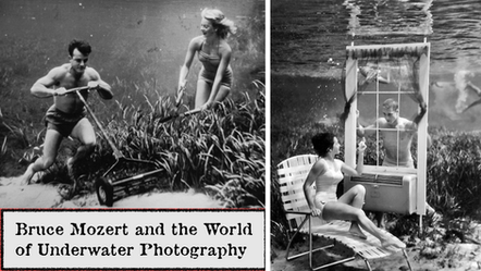Underwater scene with a man mowing seagrass and a woman swimming; another man and woman converse by a window, seated on a chair.