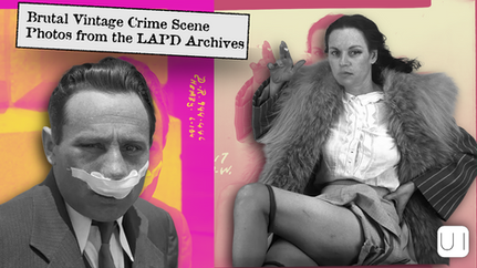 Black-and-white photos of two individuals from LAPD archives. One man wears facial bandages; a woman seated casually, holding a cigarette. Text overlay reads "Brutal Vintage Crime Scene Photos from the LAPD Archives." Bright pink and yellow background adds contrast.