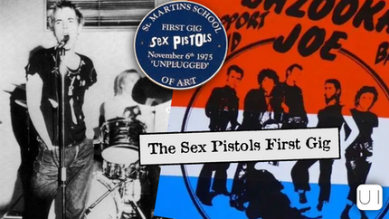 Black-and-white photo of The Sex Pistols performing, overlayed with a blue circle detailing the first gig of the Sex Pistols, November 6, 1975.