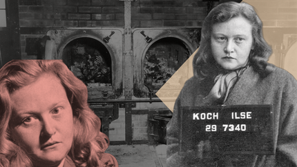 Two black-and-white portraits of a woman overlay a background showing an incinerator. The text "Koch Ilse 29 7340" is visible.