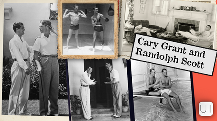 Collage of vintage photos showing two men in various poses and settings, including exercising, lounging, and standing by a pool. Text reads Cary Grant and Randolph Scott.