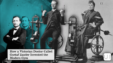 Victorian-era people use early gym machines; text reads "How a Victorian Doctor Called Gustaf Zander Invented the Modern Gym." Blue-gray backdrop.