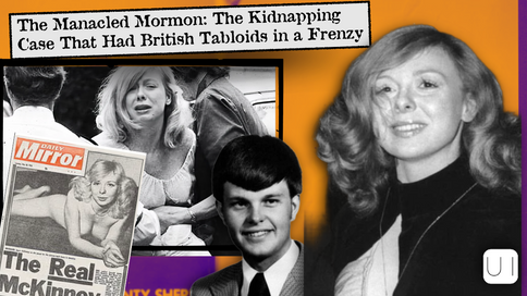 Orange collage with headline about the Manacled Mormon case, featuring black-and-white photos of a woman, man, and Daily Mirror cover.
