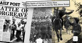 Collage of Orgreave headlines and photos showing tense riot police on horseback facing a dense crowd, with cover-up text.