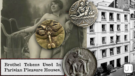 Vintage image collage: woman lounging, brothel tokens, Parisian building with people in windows; text: Brothel Tokens Used In Parisian Pleasure Houses.