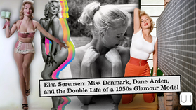 Collage of 1950s blonde glamour model in pinup poses, black-and-white and color, with title text about Elsa Sørensen and Miss Denmark.